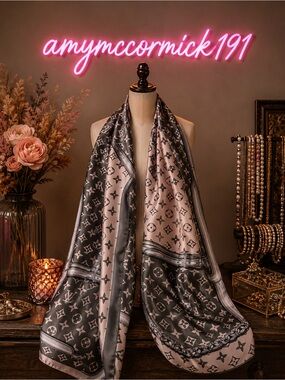 Elegant Pink and Gray Patterned logo Women's Scarf w/ iconic monogram & motifs